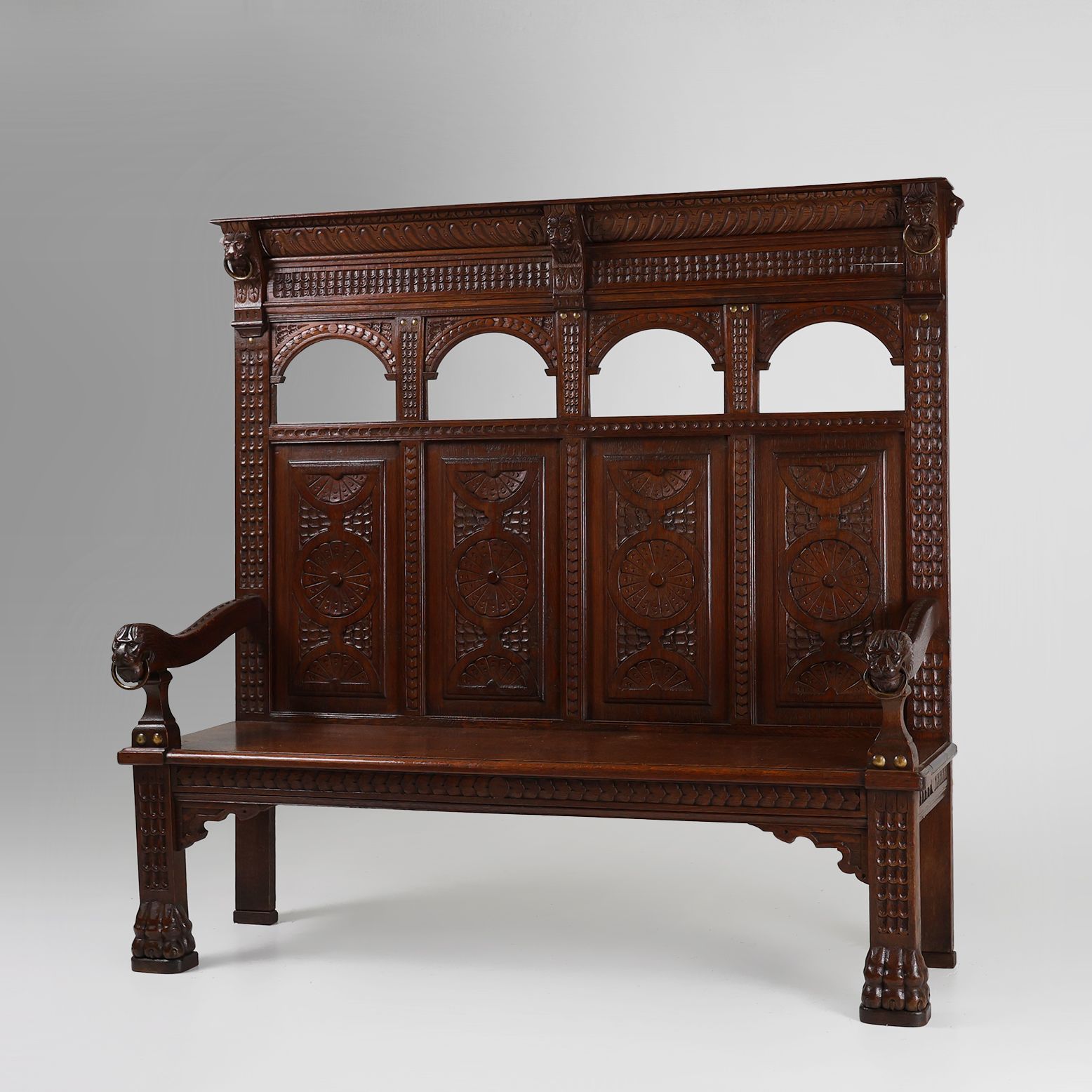Antique French 18th Century Gothic Style Oak Carved High Back Panel Settle-img